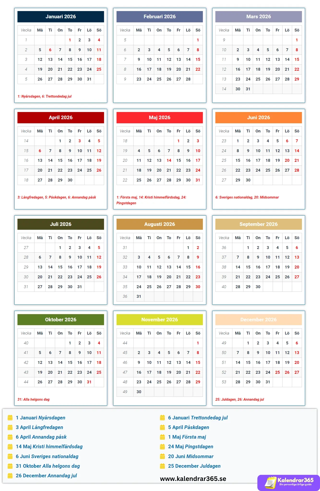Kalender 2026 Svensk Kalender Med R da Dagar
