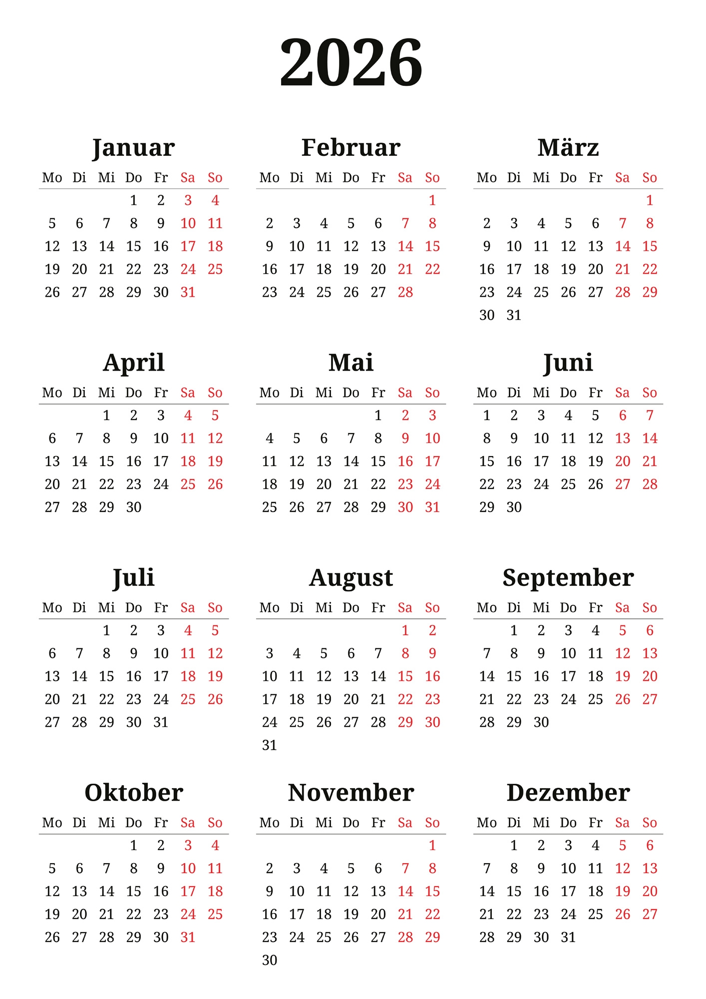 Halbjahreskalender 2026 Zum Ausdrucken Halbjahreskalender 2026 Zum Ausdrucken