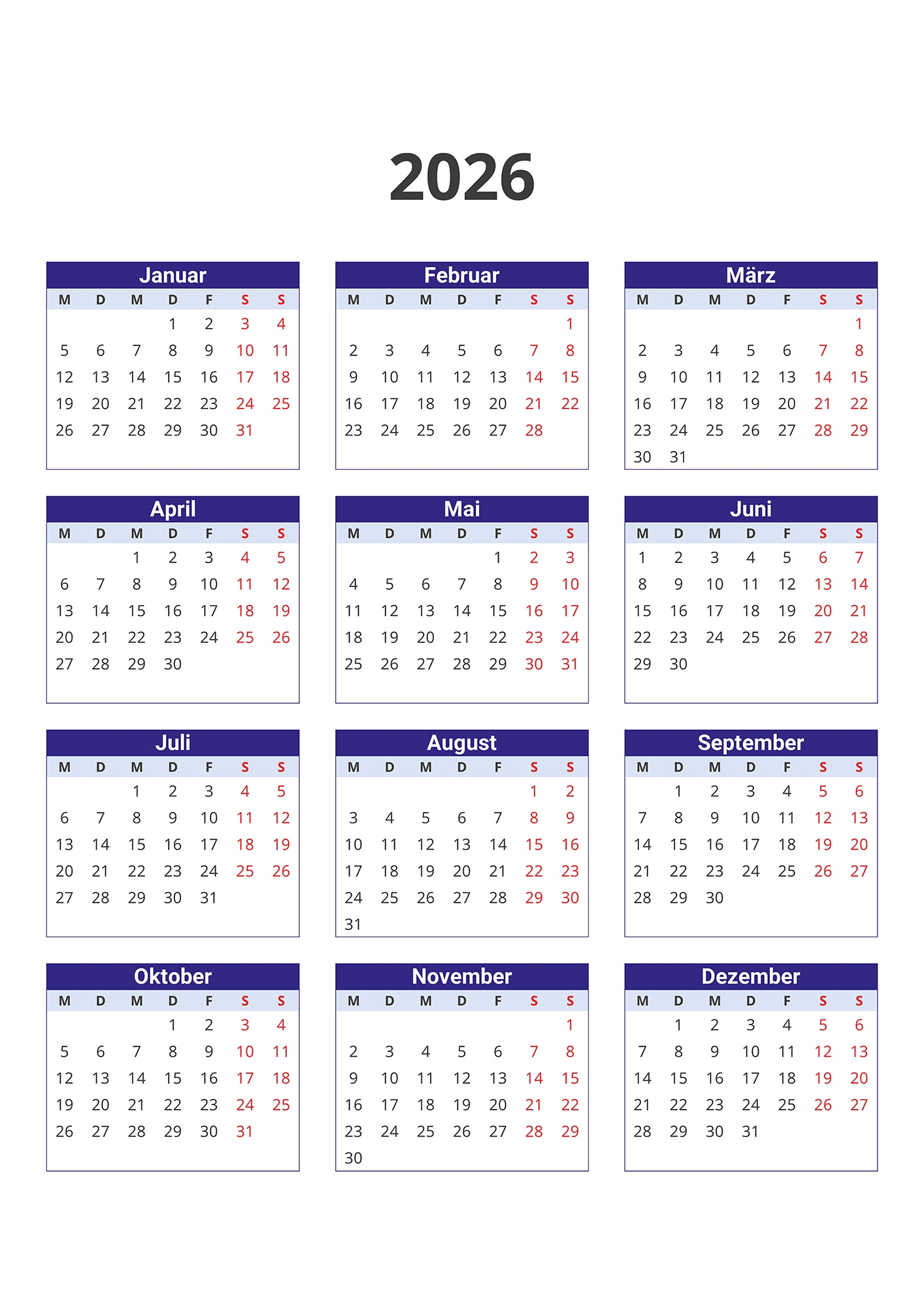Kalender 2026 Zum Ausdrucken Als PDF DIN A4 