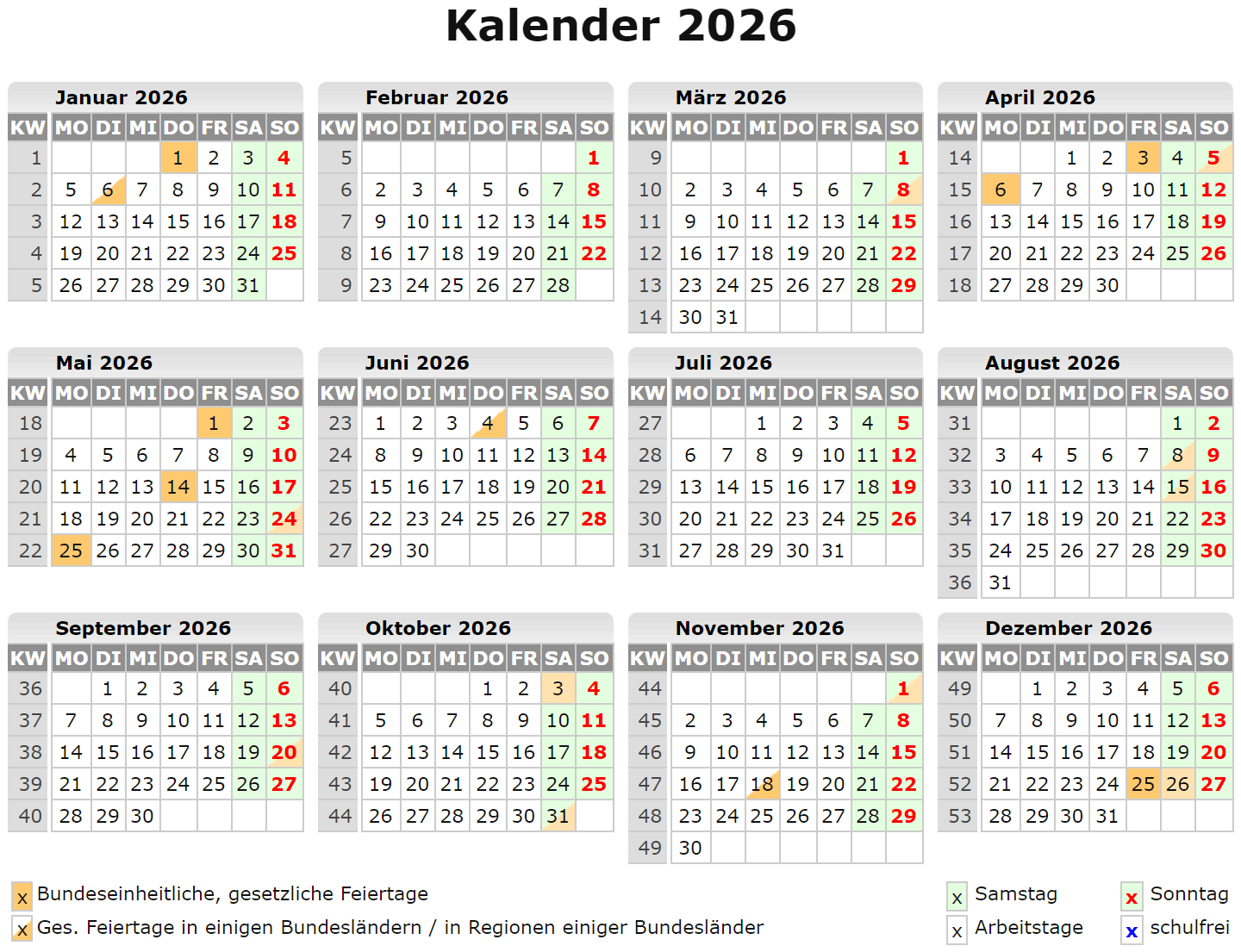 Kalender 2026 Excel Kostenlos