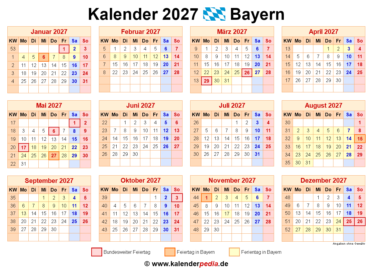 Kalender 2027 Bayern Ferien Feiertage PDF Vorlagen
