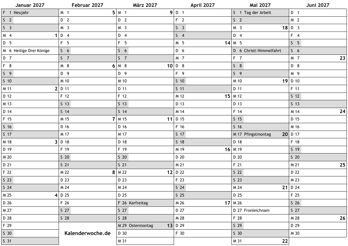 Kalender 2027 Mit Kalenderwochen Und Feiertagen In Deutschland Online Wochenkalender Mit Kw Kostenlos Jahreskalender Wochen Download PDF A4 Drucken