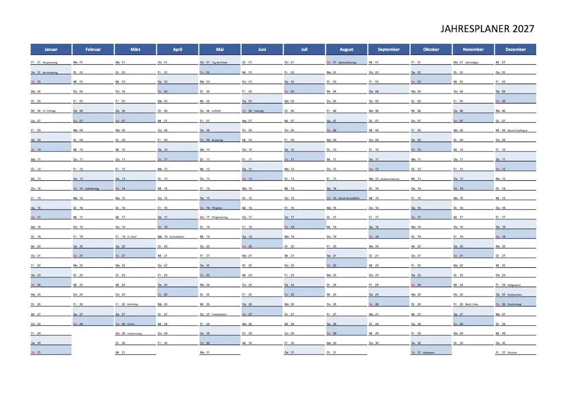 Kalender 2027 Schweiz Excel PDF Vorlagen Kostenlos