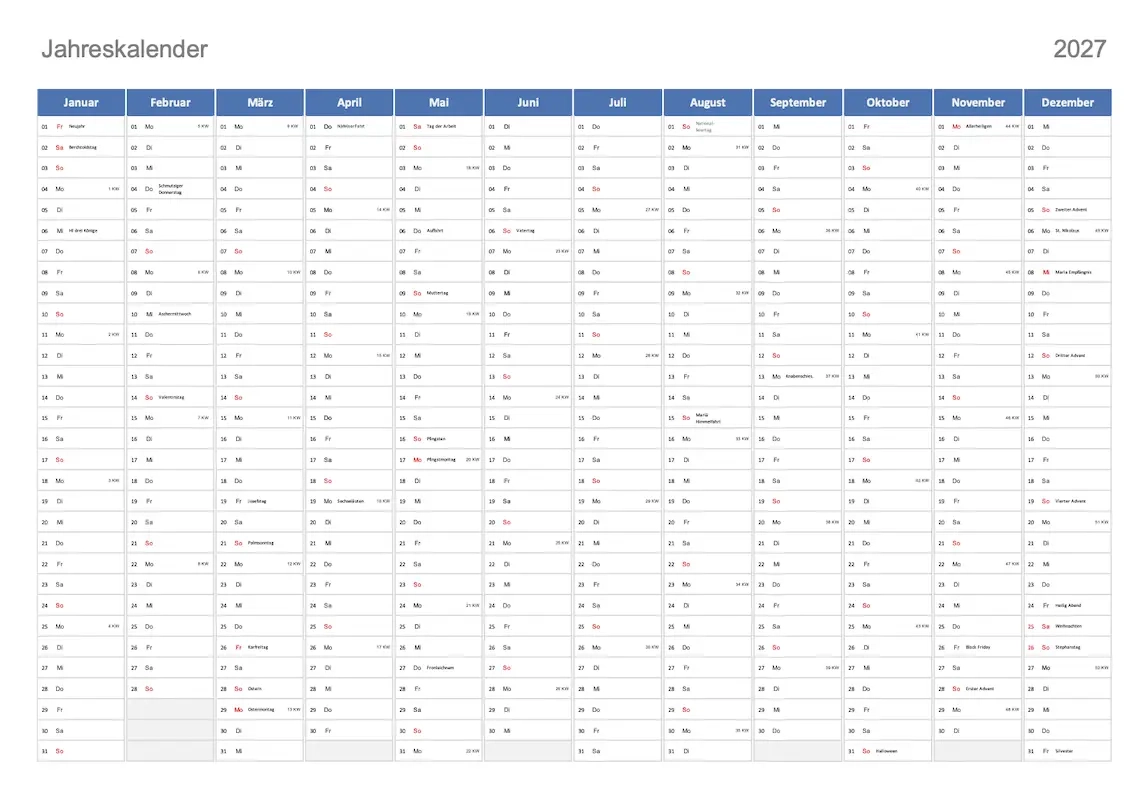 Kalender 2027 Schweiz Excel PDF Vorlagen Kostenlos