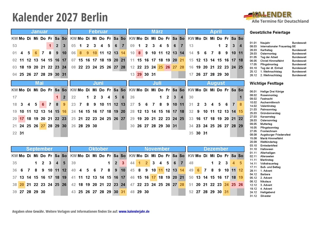 Kalender 2027 Zum Ausdrucken PDF