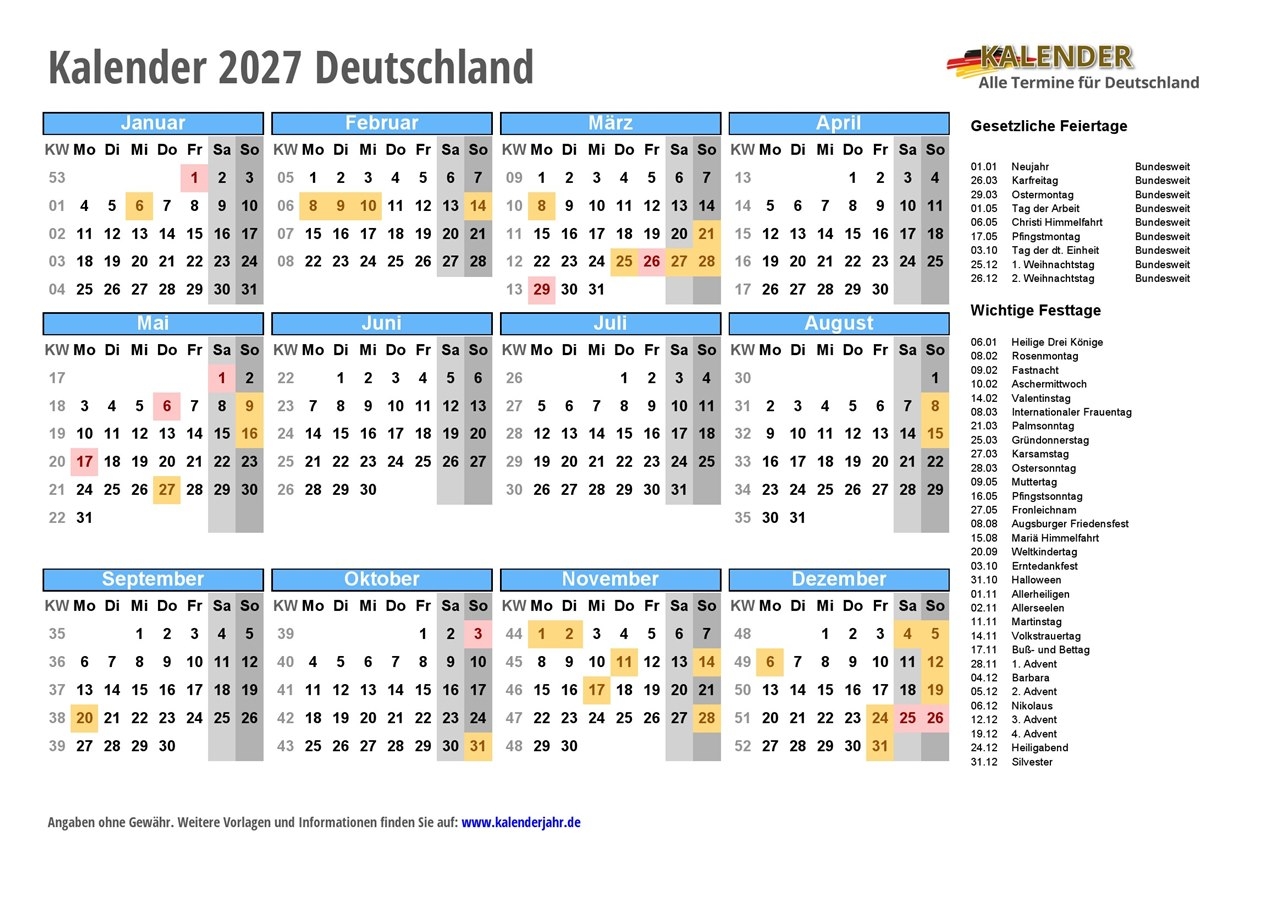 Kalender 2027 Zum Ausdrucken PDF