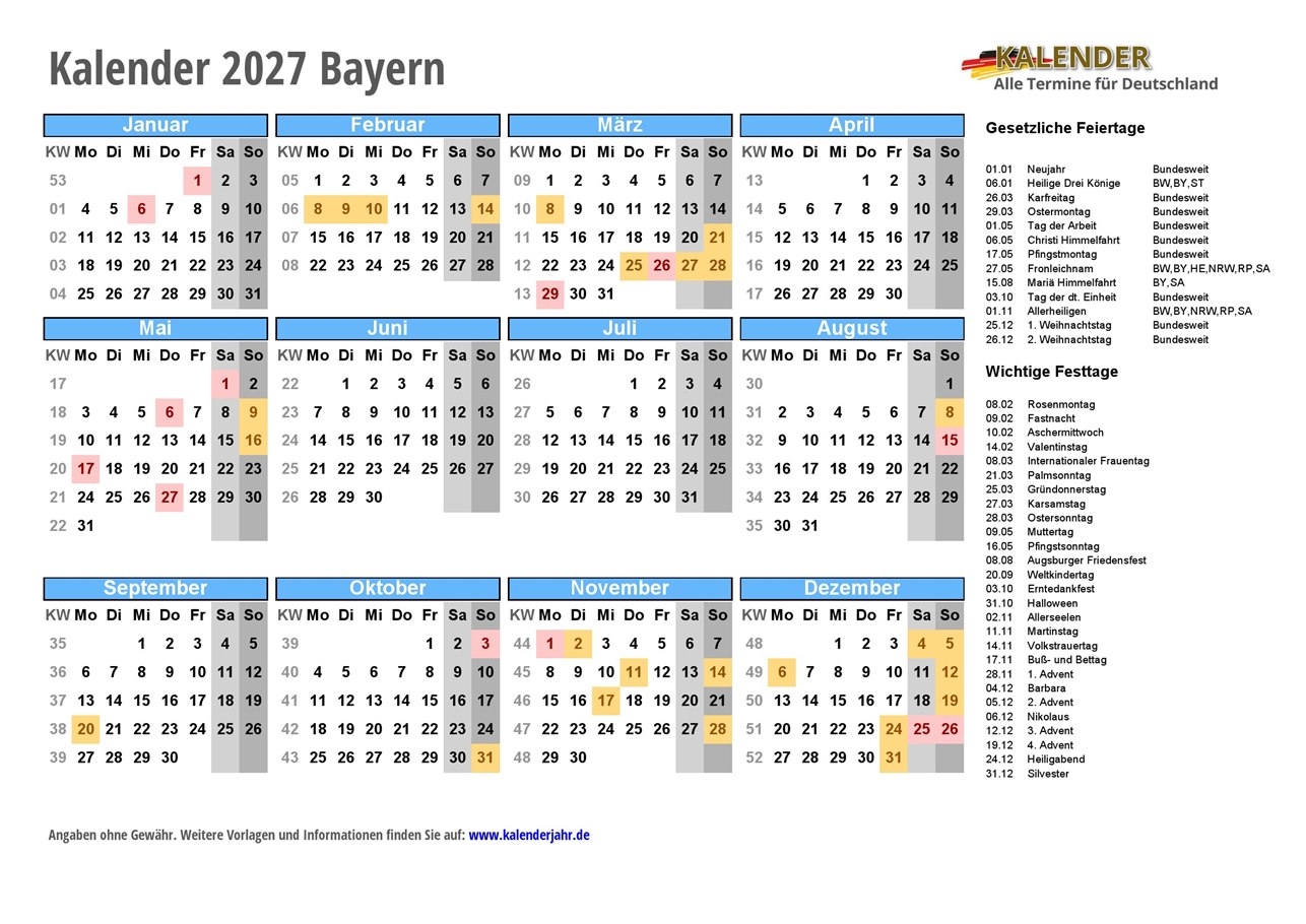 Kalender 2027 Zum Ausdrucken PDF