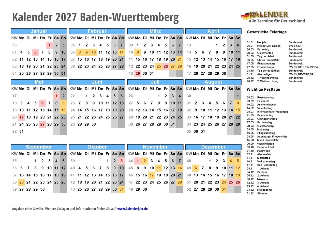 Gratis Kalender 2027 Zum Ausdrucken