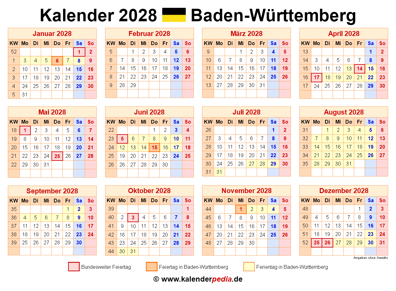 Kalender 2028 Baden W rttemberg PDF Vorlagen Mit Ferien
