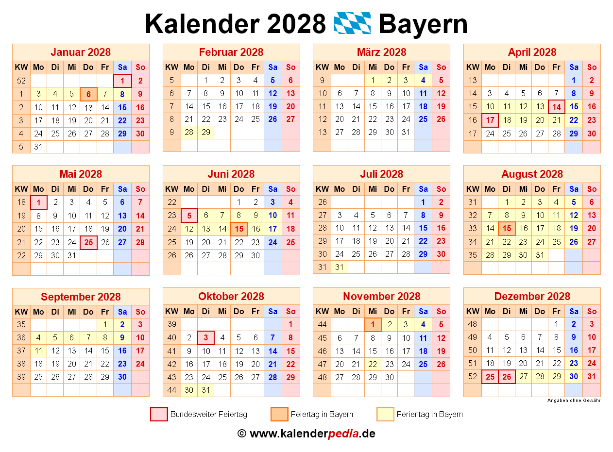 Kalender 2028 Bayern Ferien Feiertage PDF Vorlagen Kalender 2028 Bayern Ferien Feiertage PDF Vorlagen