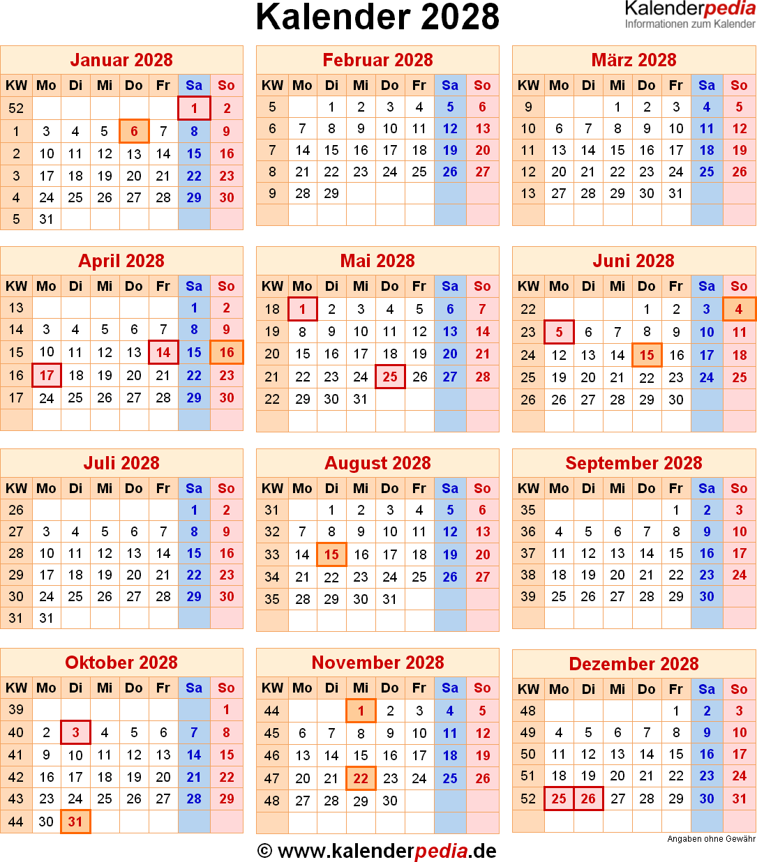 Kalender 2028 Mit Excel PDF Word Vorlagen Feiertagen Ferien KW