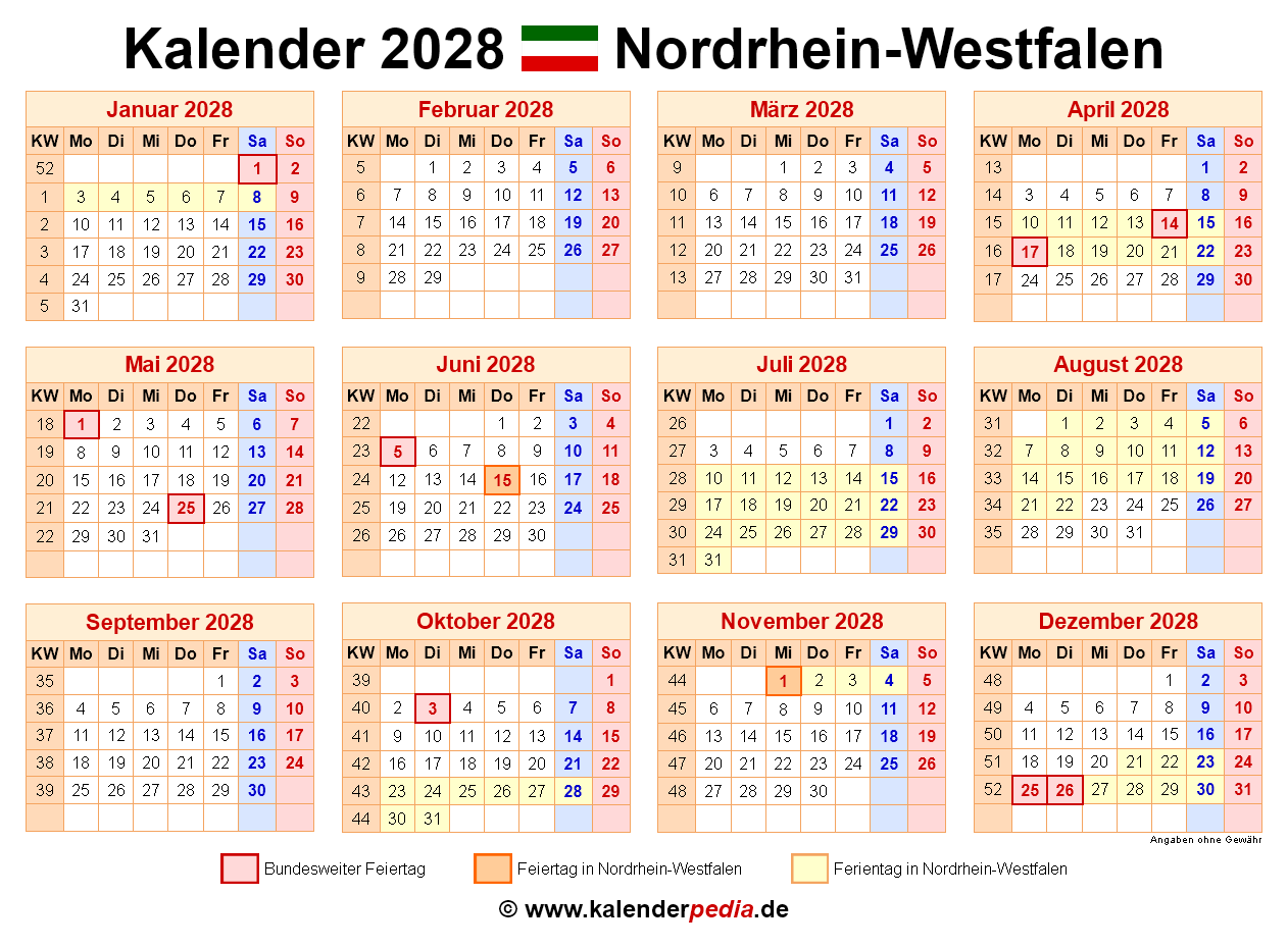 Kalender 2028 NRW Ferien Feiertage PDF Vorlagen