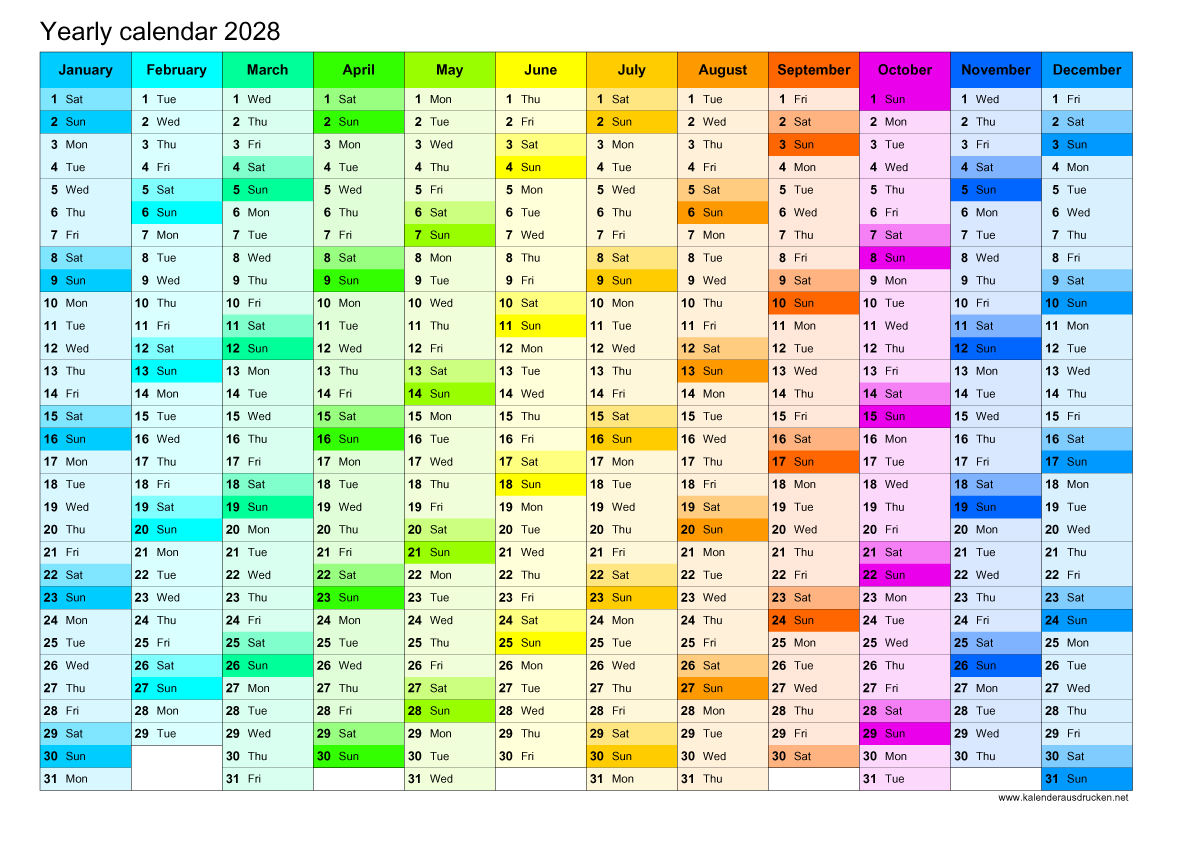 Kalender 2028 PDF Kostenlos Drucken