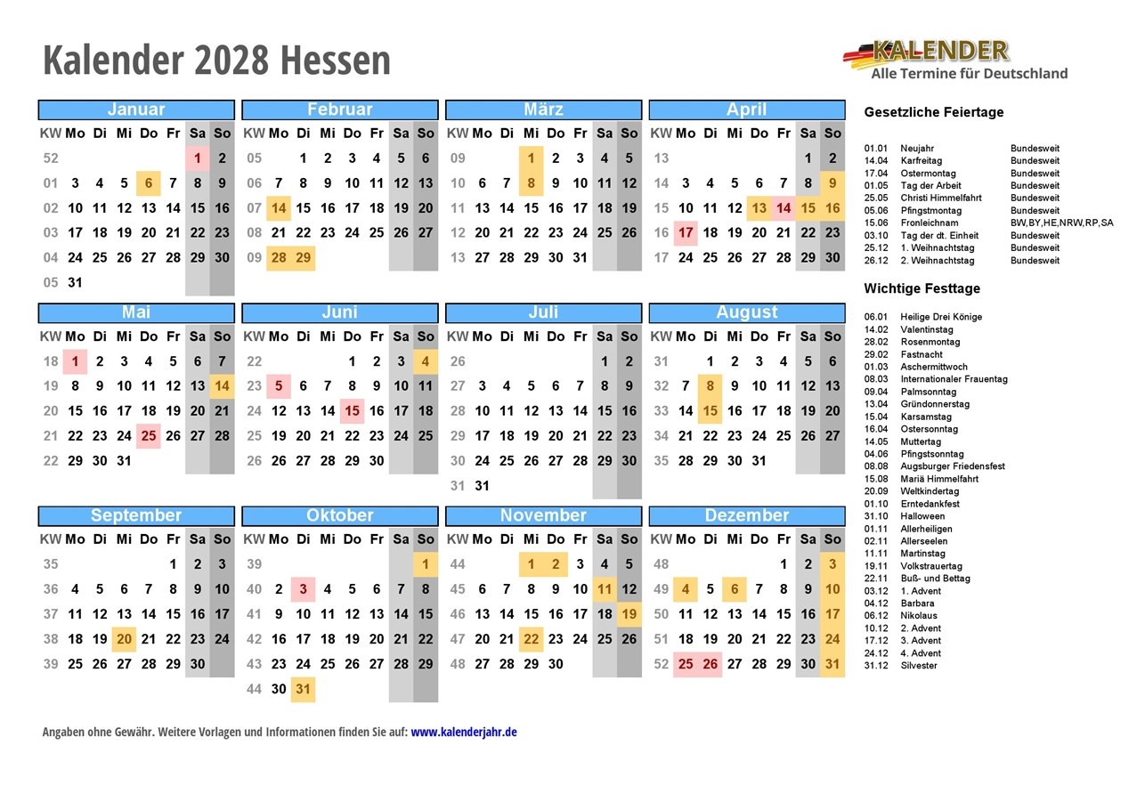 Kalender 2028 Zum Ausdrucken PDF