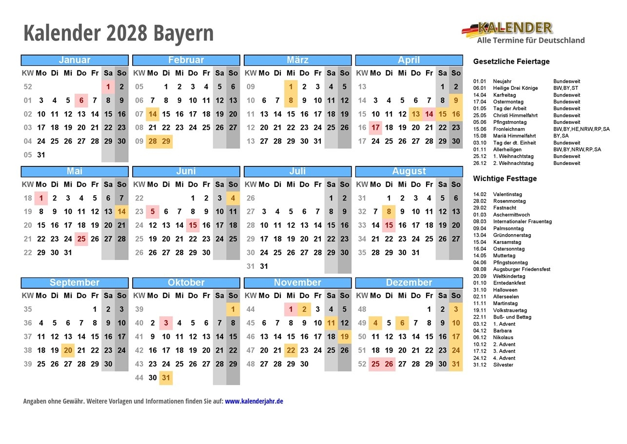 Kalender 2028 Zum Ausdrucken PDF