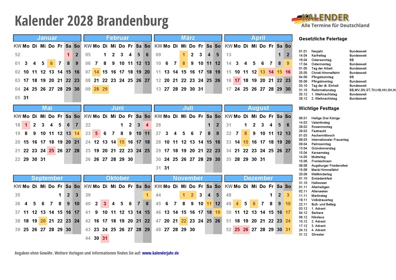 Kalender 2028 Zum Ausdrucken PDF