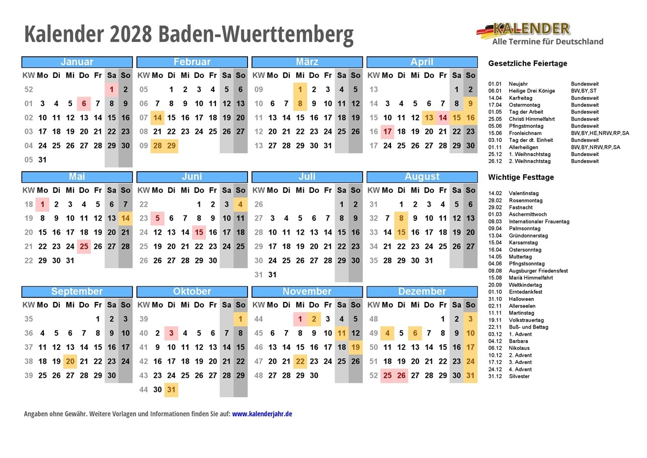 Kalender 2028 Zum Ausdrucken PDF