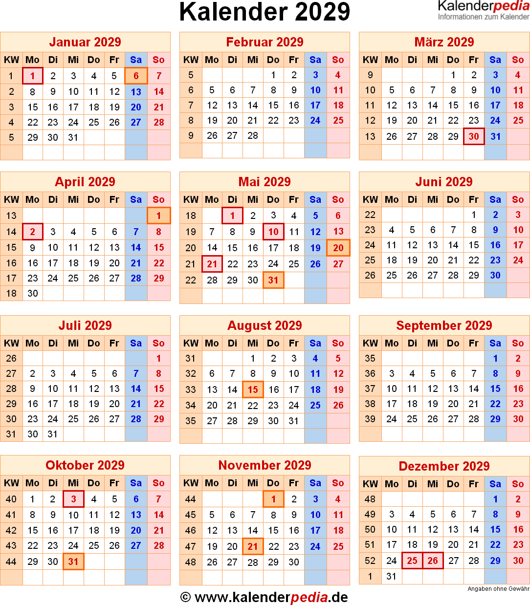 Kalender 2029 Mit Feiertagen Und Kalenderwochen