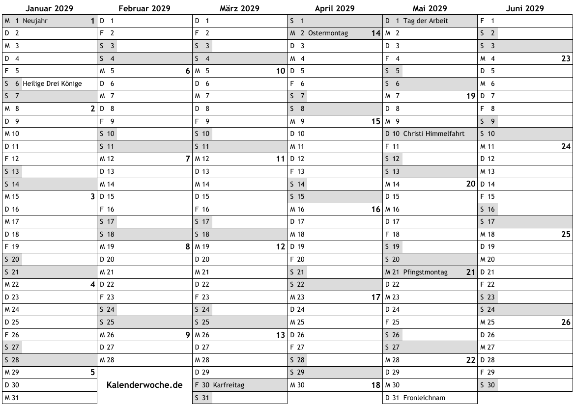 Kalender 2029 Mit Kalenderwochen Und Feiertagen In Deutschland Online Wochenkalender Mit Kw Kostenlos Jahreskalender Wochen Download PDF A4 Drucken
