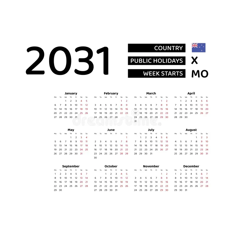 Kalender 2031 Englische Sprache Mit Neuen Zealand Public Feiertagen Woche Beginnt Montags Vektor Abbildung Illustration Von Reklameanzeige Datum 337607827
