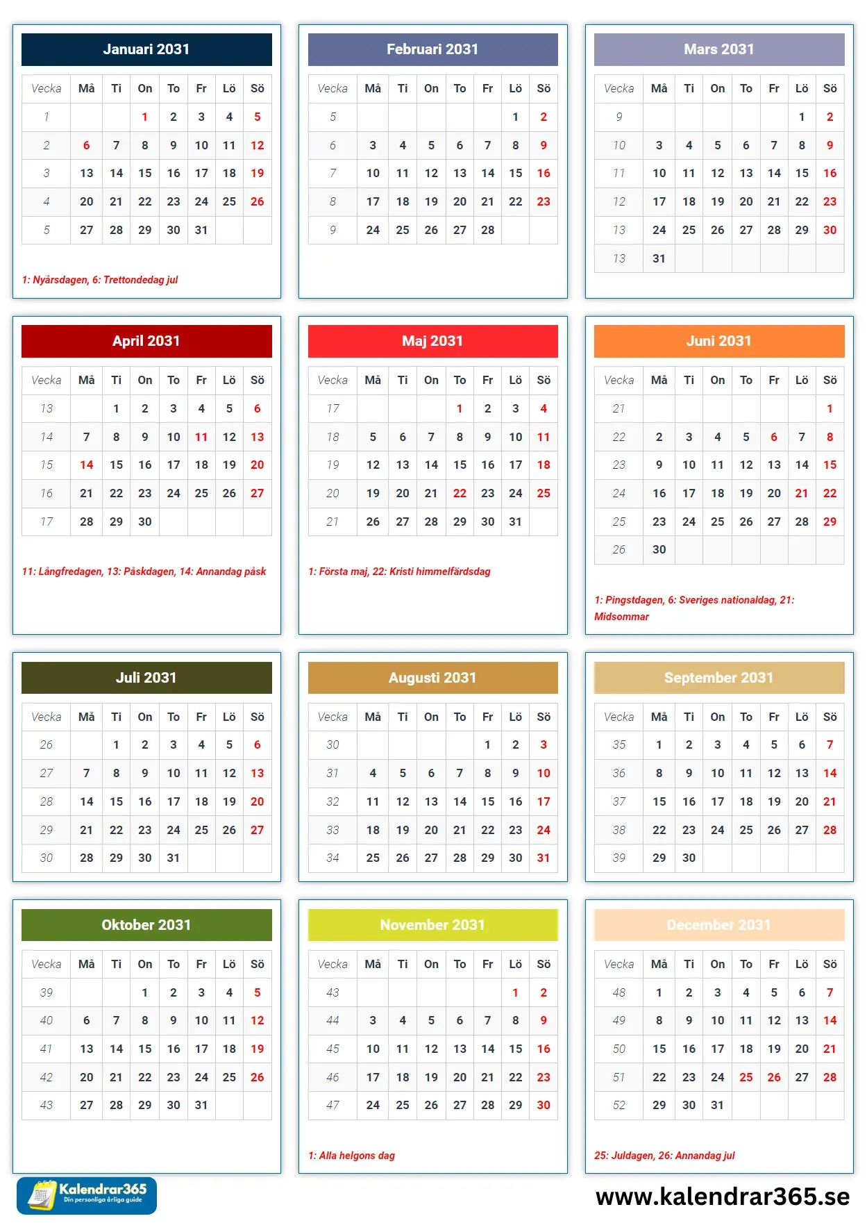 Kalender 2031 Svensk Kalender Med R da Dagar