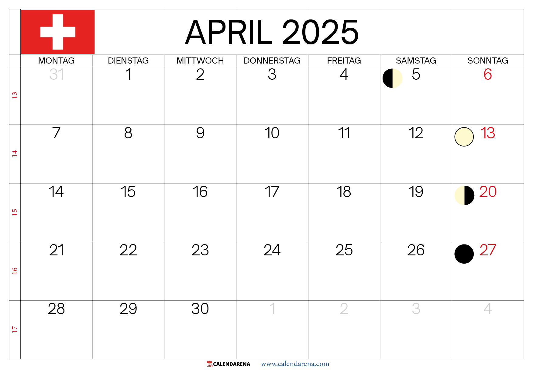 Kalender 2025 Schweiz MIT Feiertagen