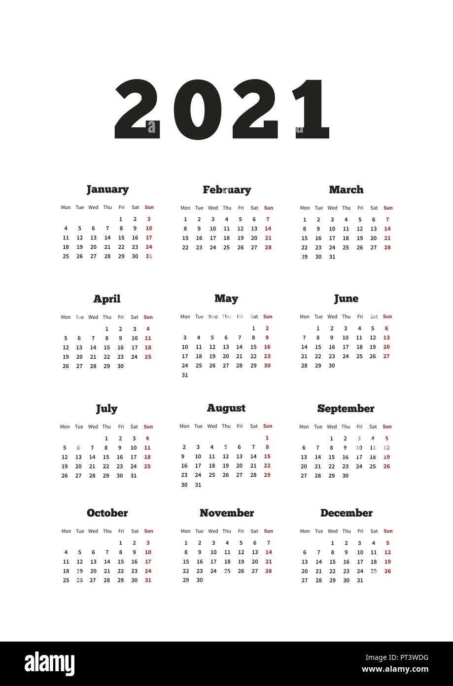 Kalender Auf 2021 Jahr Mit Woche Ab Montag A4 Format Vertikale Blatt Auf Wei Stock Vektorgrafik Alamy