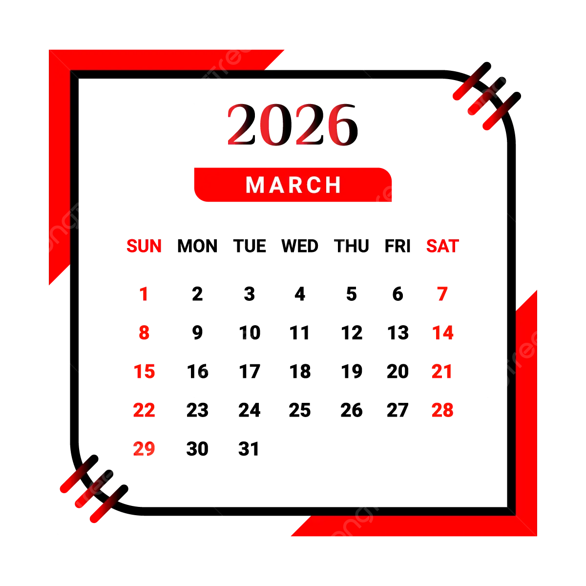 Kalender Bulan Maret 2026 Dengan Warna Hitam Dan Merah Vektor Kalender Bulanan Kalender Maret 2026 PNG Dan Vektor Dengan Background Transparan Untuk Unduh Gratis