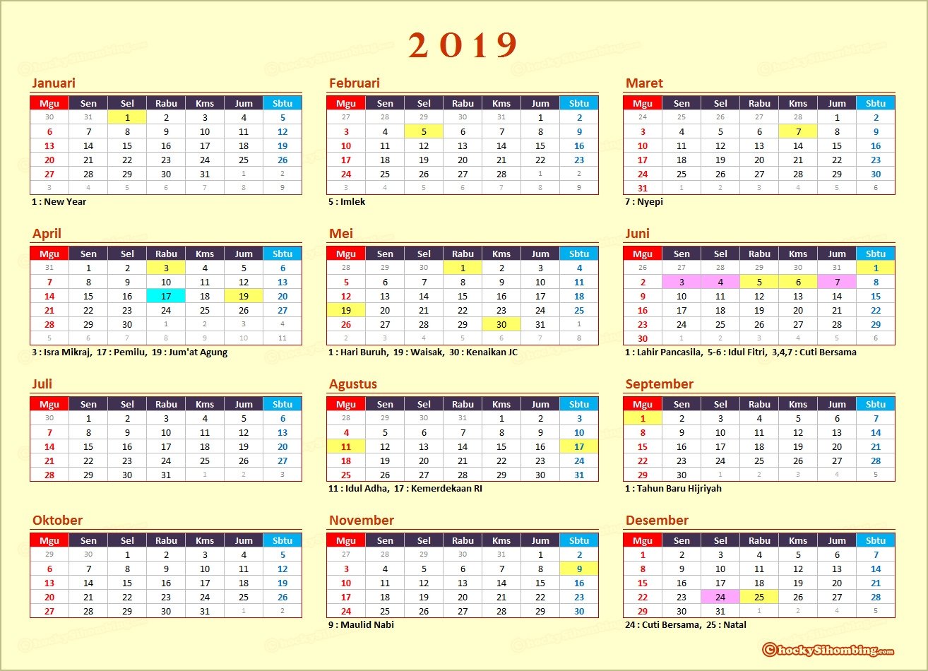 Kalender Dan Libur Nasional 2019 Chocky Sihombing