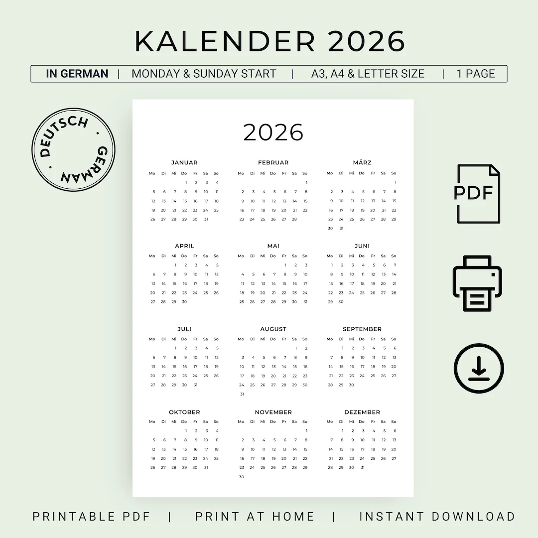 Kalender Deutsch 2026 Kalender 2026 Annual Wall Calendar In German 2026 German Calendar PRINTABLE Portrait Calendar Sunday Monday Start Etsy