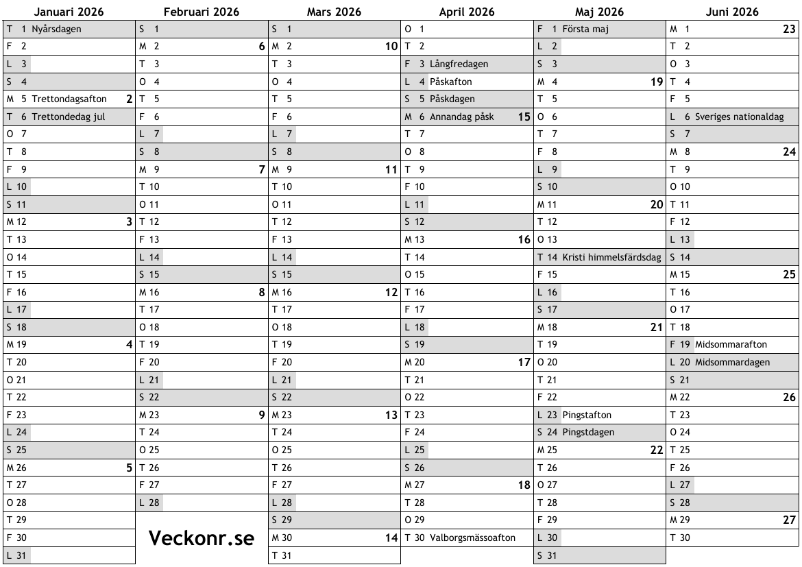 Kalender F r 2026 Med Helgdagar Och Veckonummer Online Almanacka Med Veckor Allm nna Helgdager R da Dagar A4 Gratis Download Print PDF