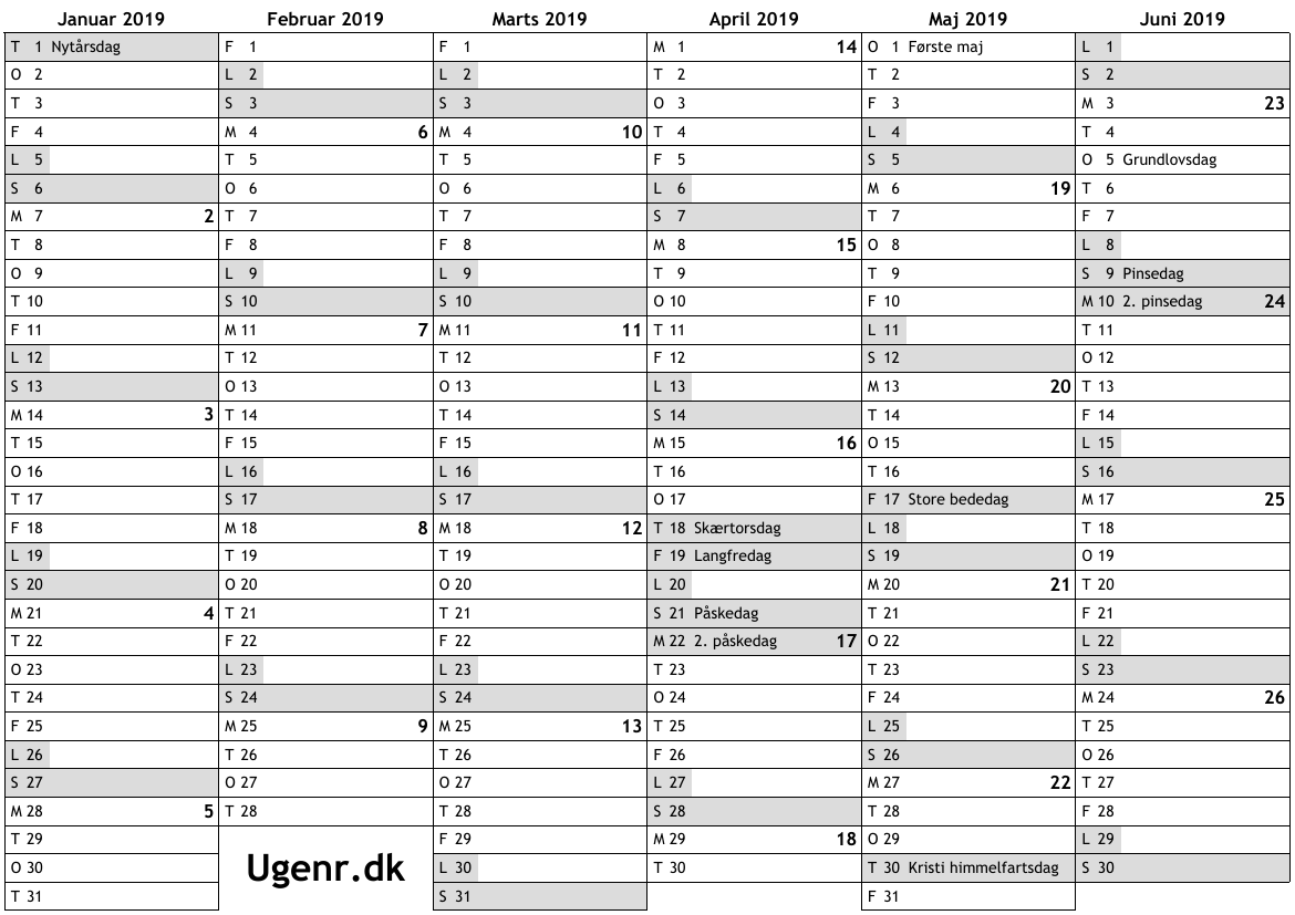 Kalender For 2019 Med Helligdage Og Ugenumre Ugekalender Online rskalender Med Uger Til Print A4 Gratis Download PDF