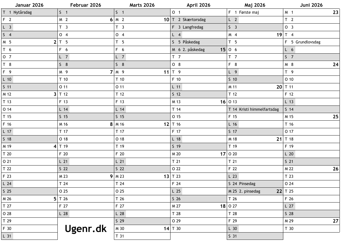 Kalender For 2026 Med Helligdage Og Ugenumre Ugekalender Online rskalender Med Uger Til Print A4 Gratis Download PDF