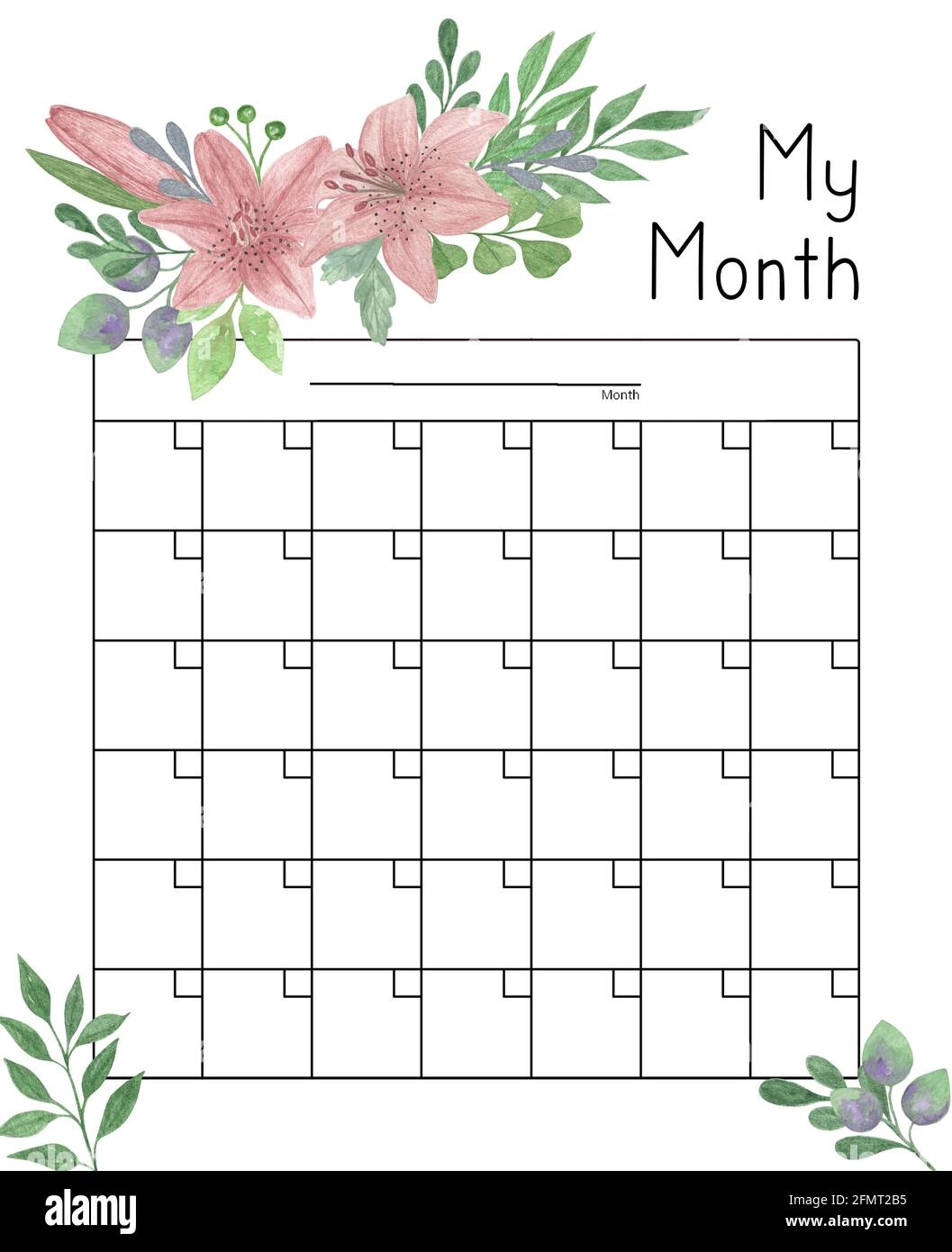 Kalender Gitter Floral Ornament Aquarell Illustration Leer Druckbare Vorlage Undatierte Monatliche Planer Seite Stockfotografie Alamy