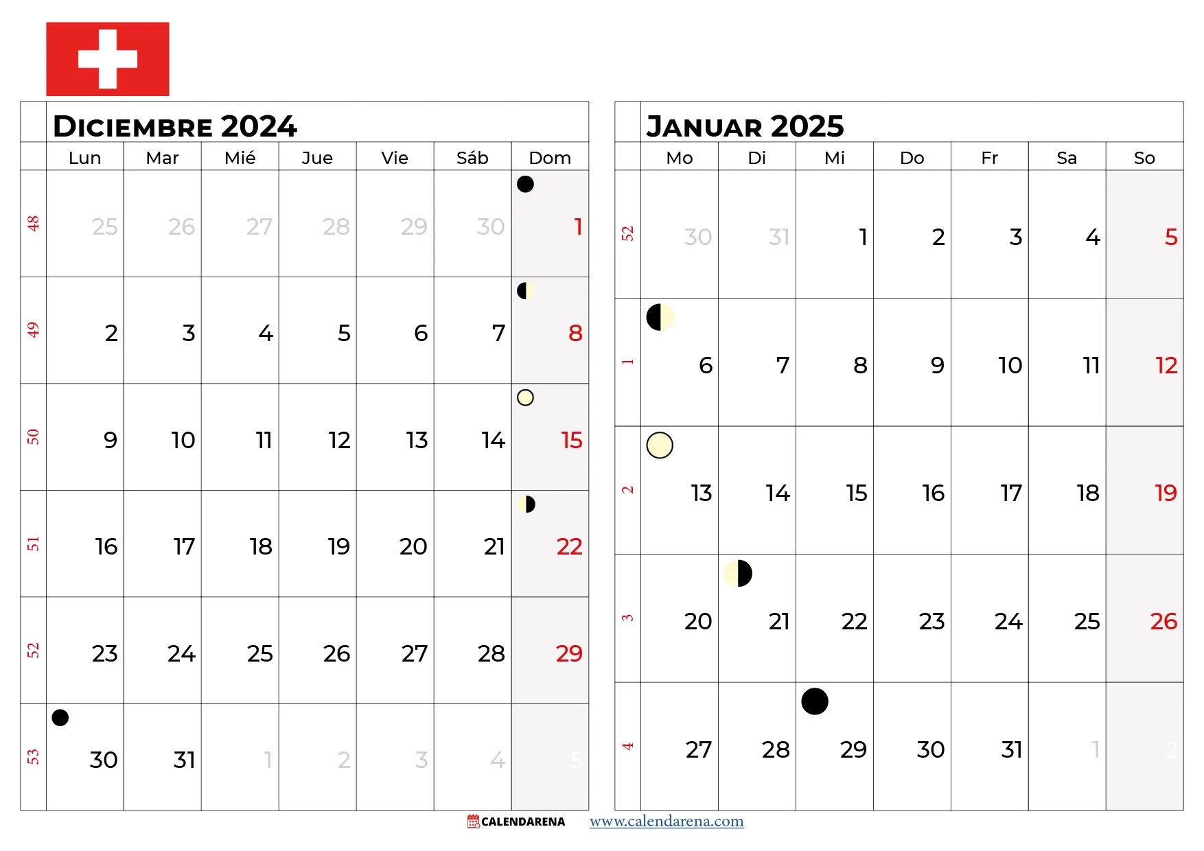 Kalender Januar 2025 Schweiz