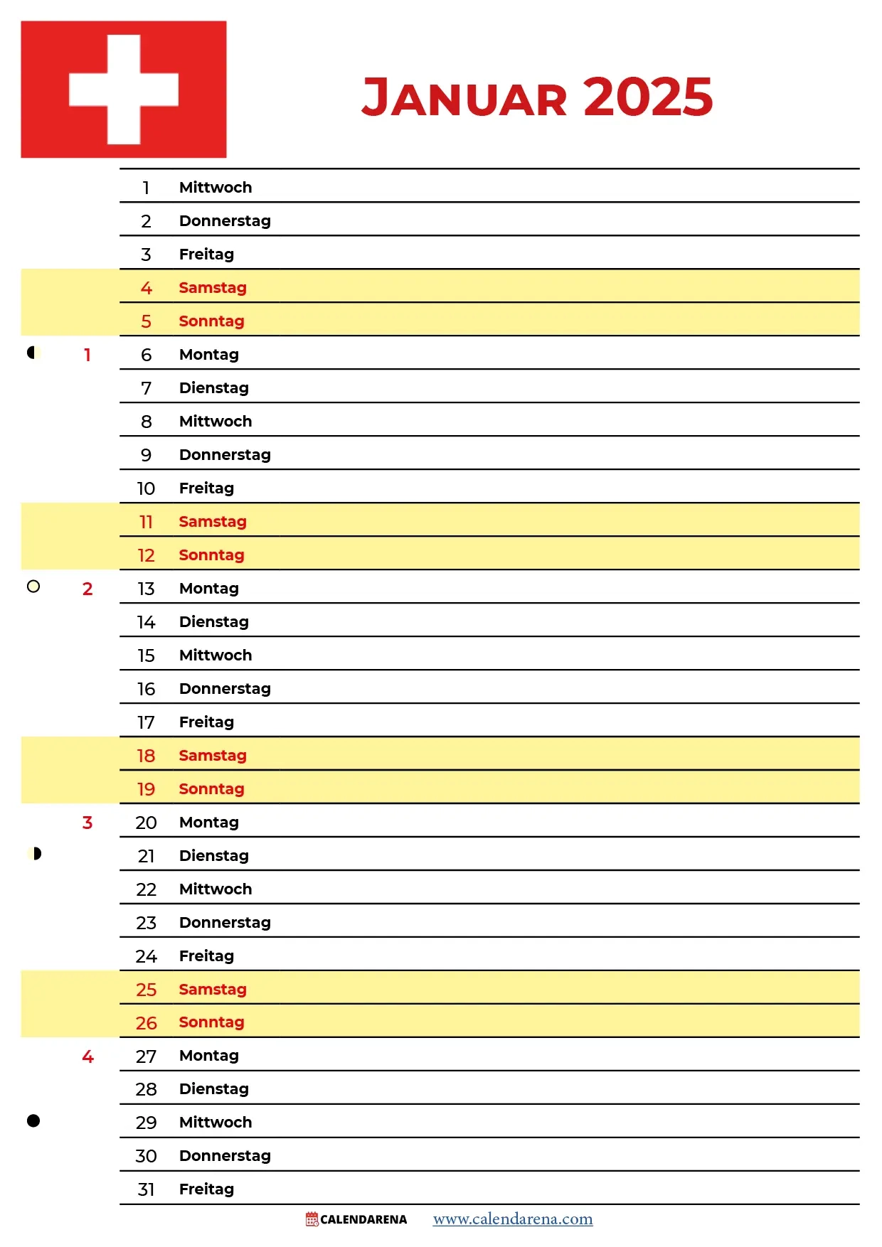 Kalender Januar 2025 Schweiz