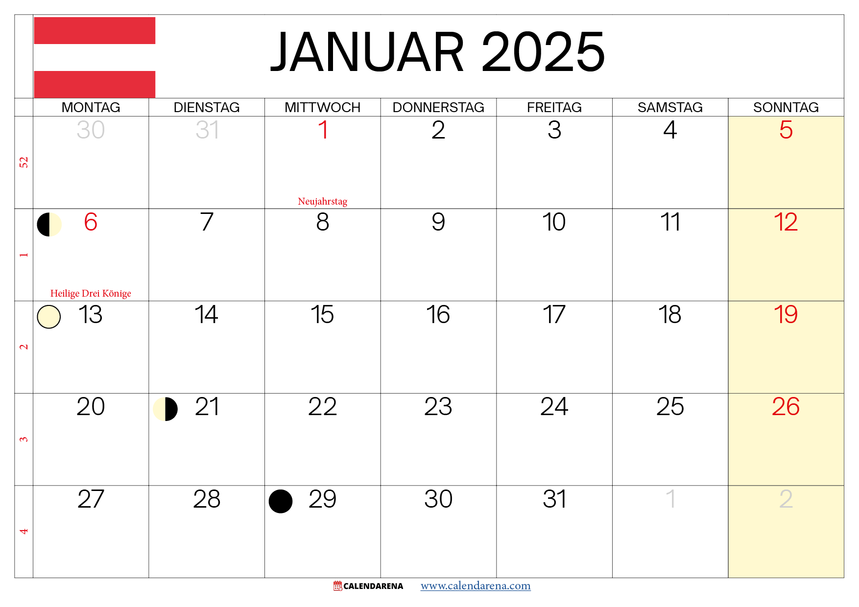 Kalender Januar 2025 sterreich