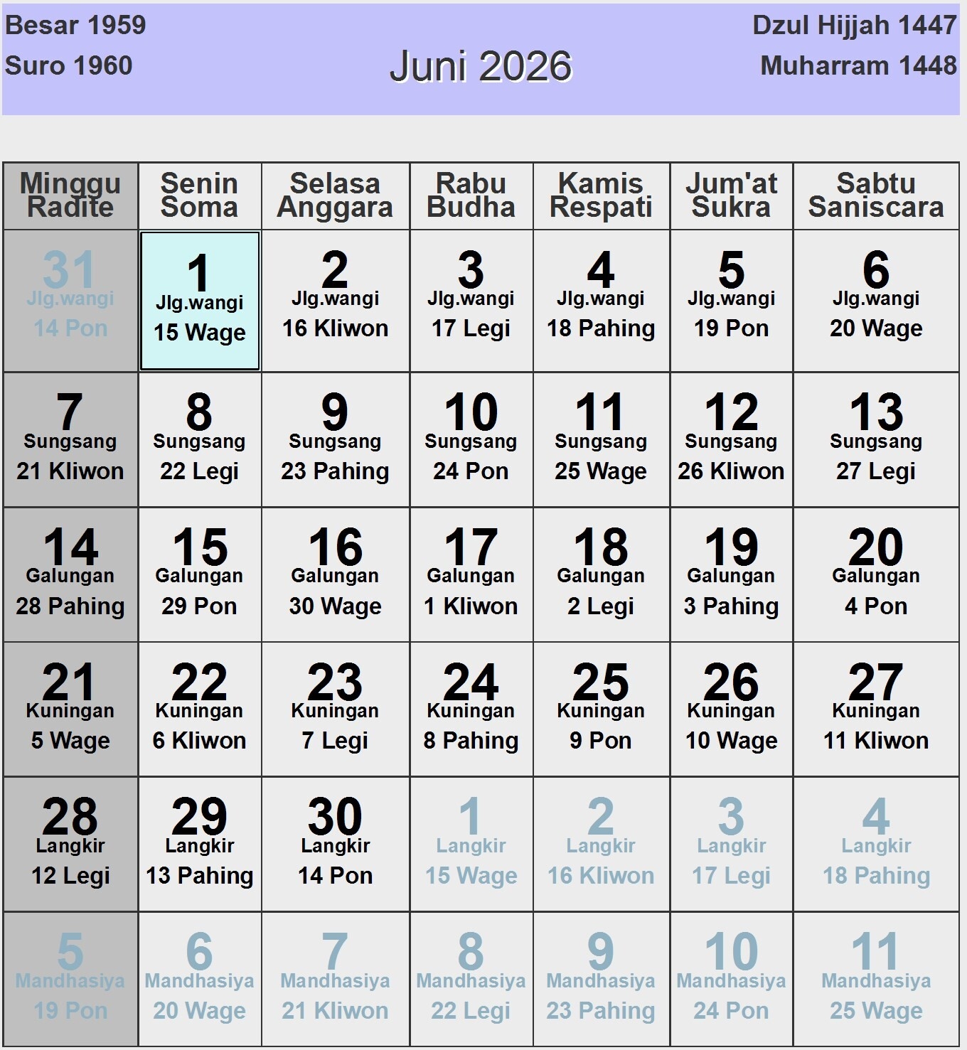 Kalender. Juni 2026
