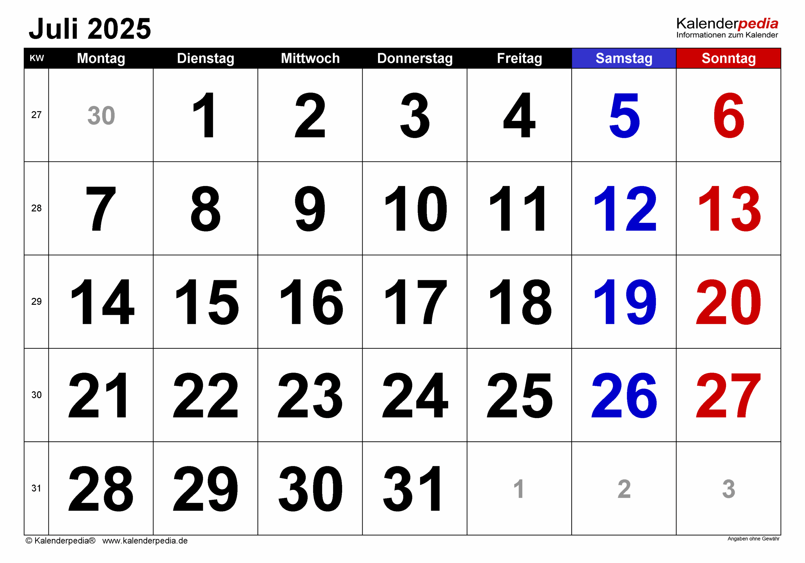 Kalender Juli 2025 Als PDF Vorlagen