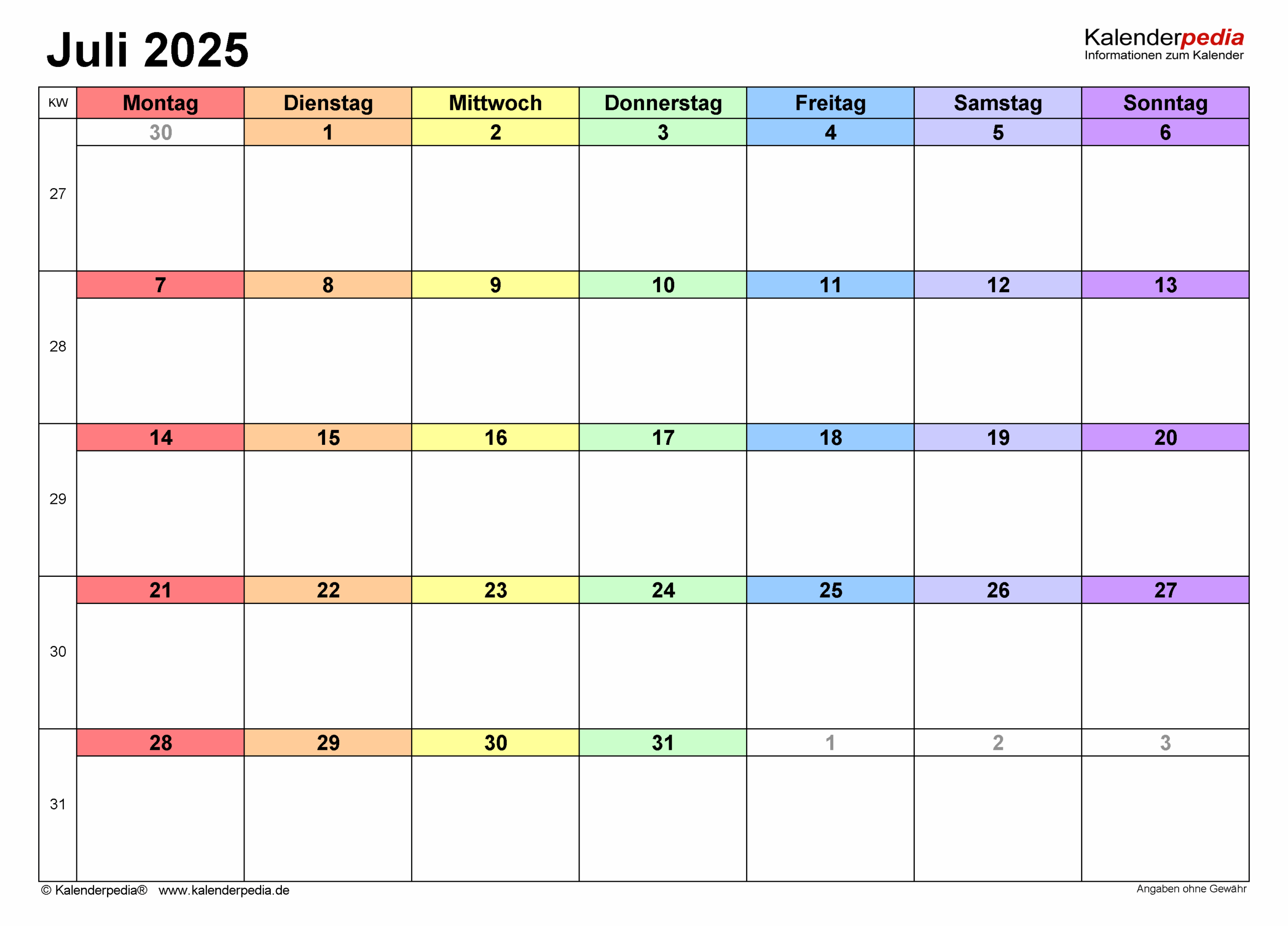 Kalender Juli 2025 Als PDF Vorlagen