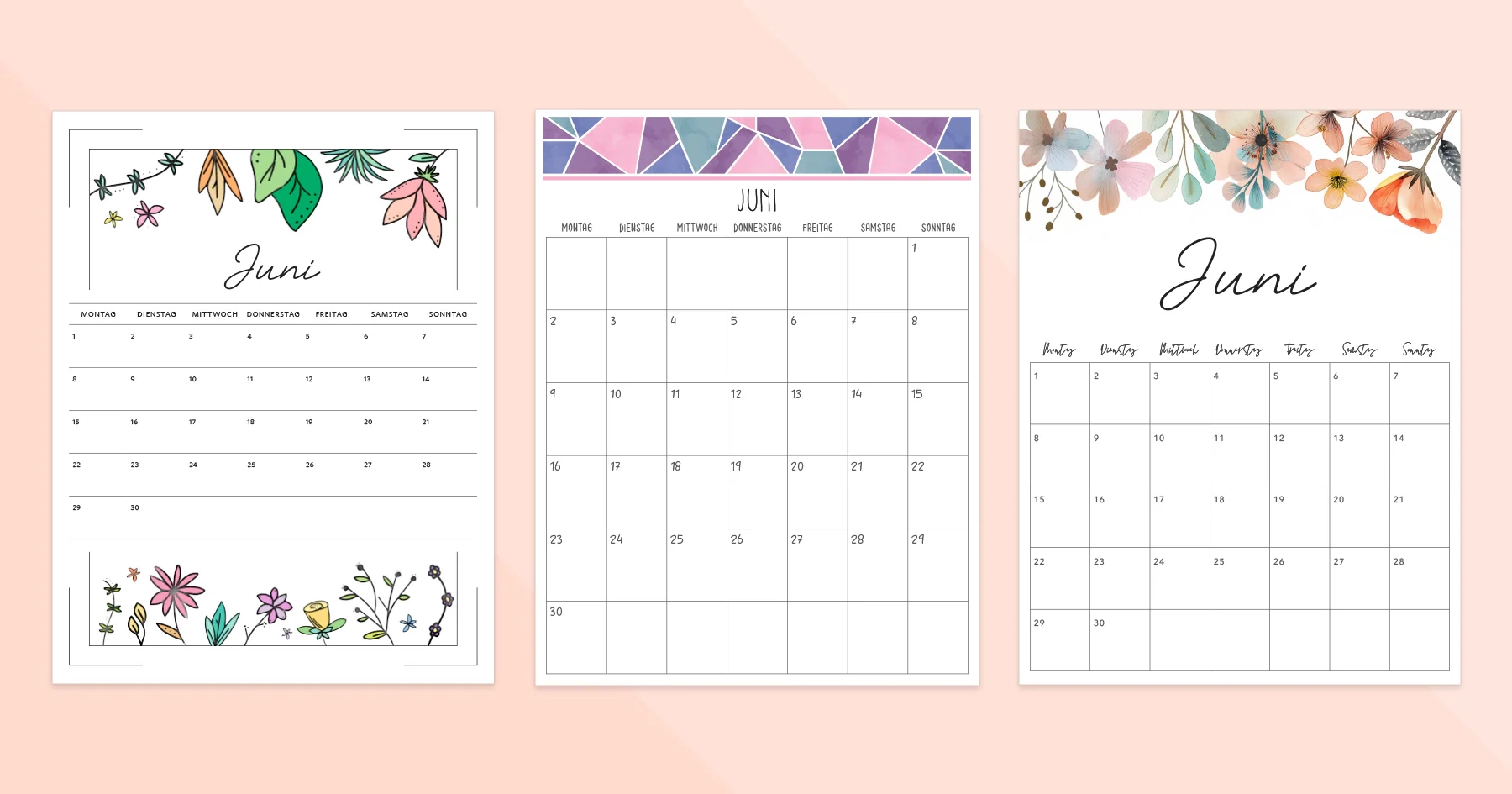 Kalender Juni 2025 Druckbare PDF Downloads