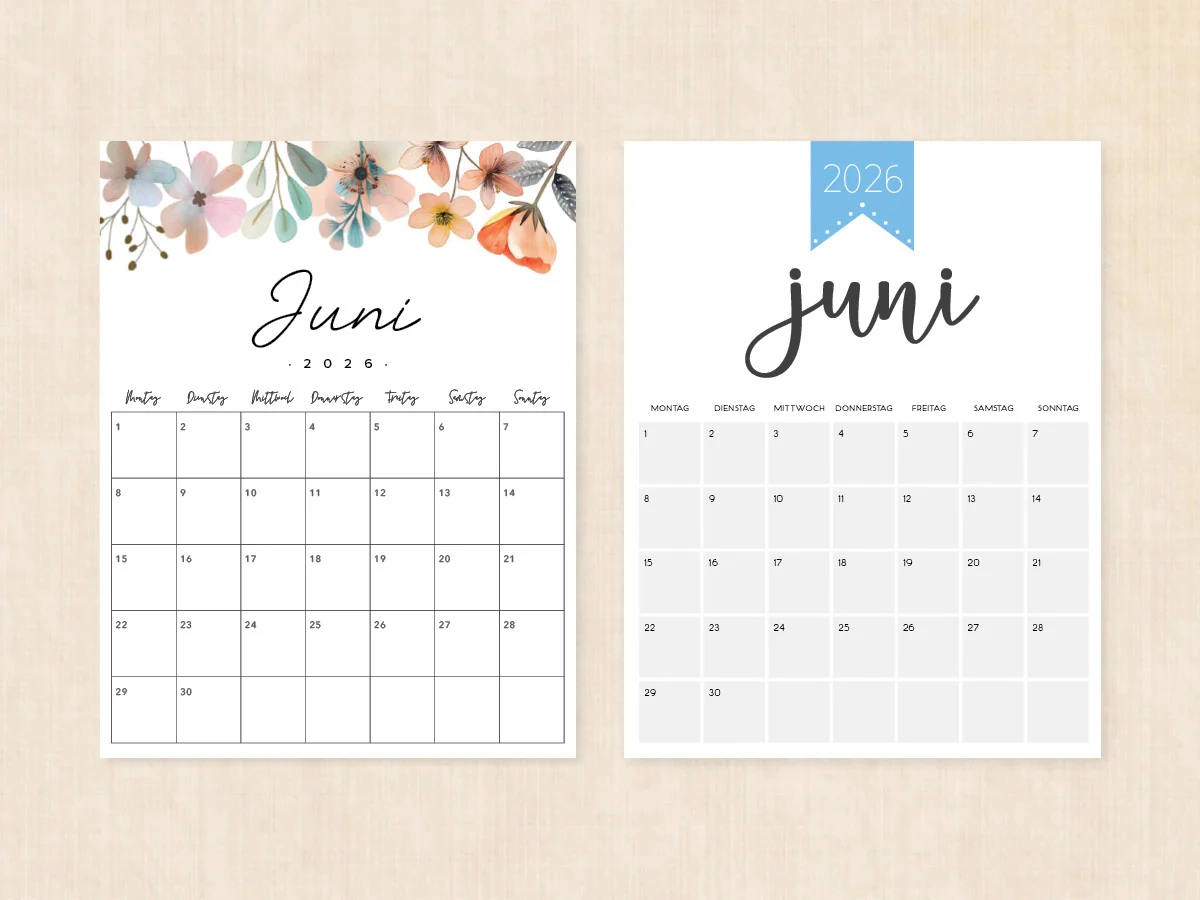Kalender Juni 2026 Zum Ausdrucken PDF Vorlage