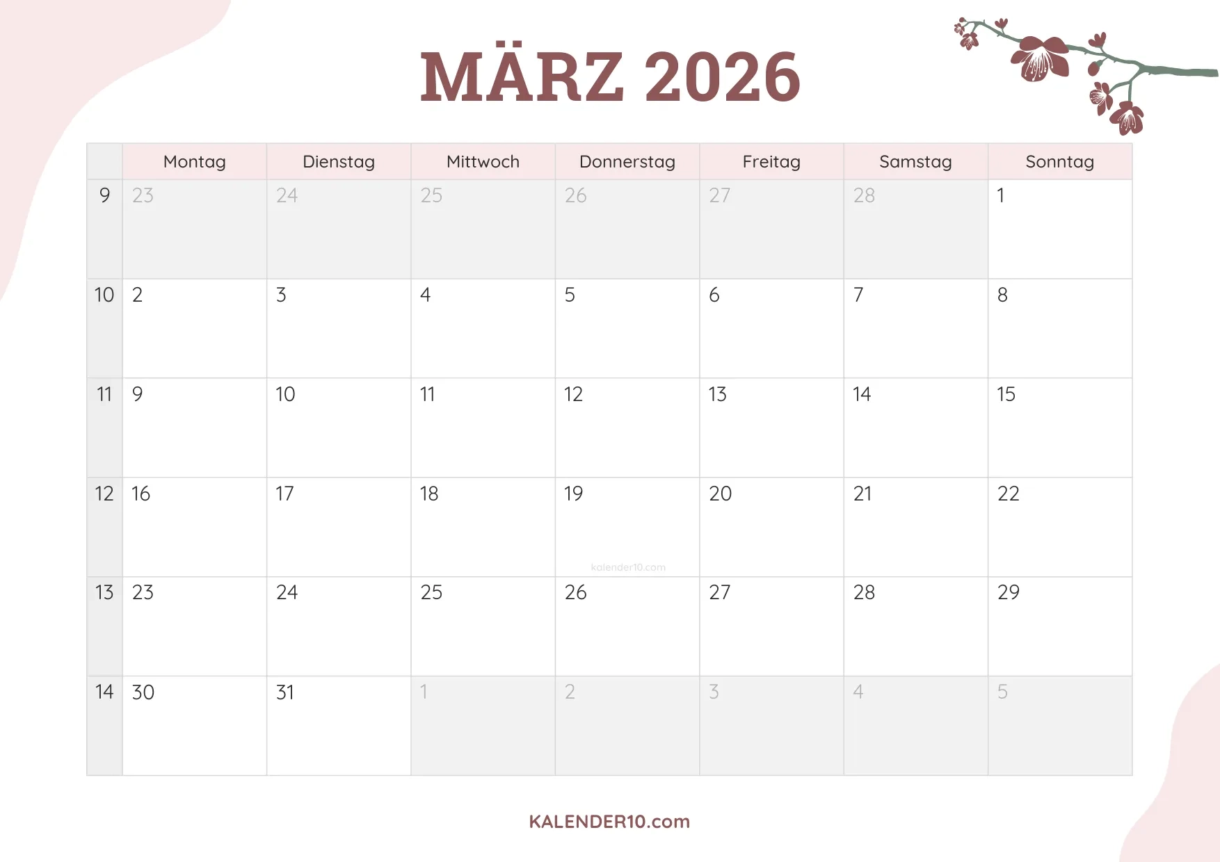 Kalender Marz 2026 Zum Ausdrucken Fr hlingsanfang Feiertage