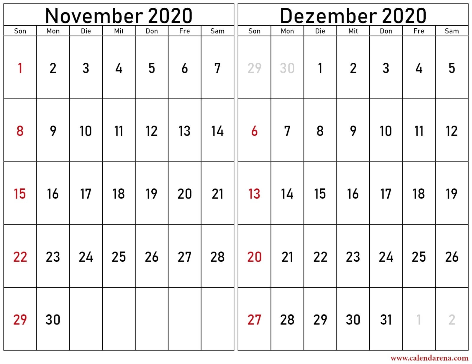 Kalender November Dezember 2020