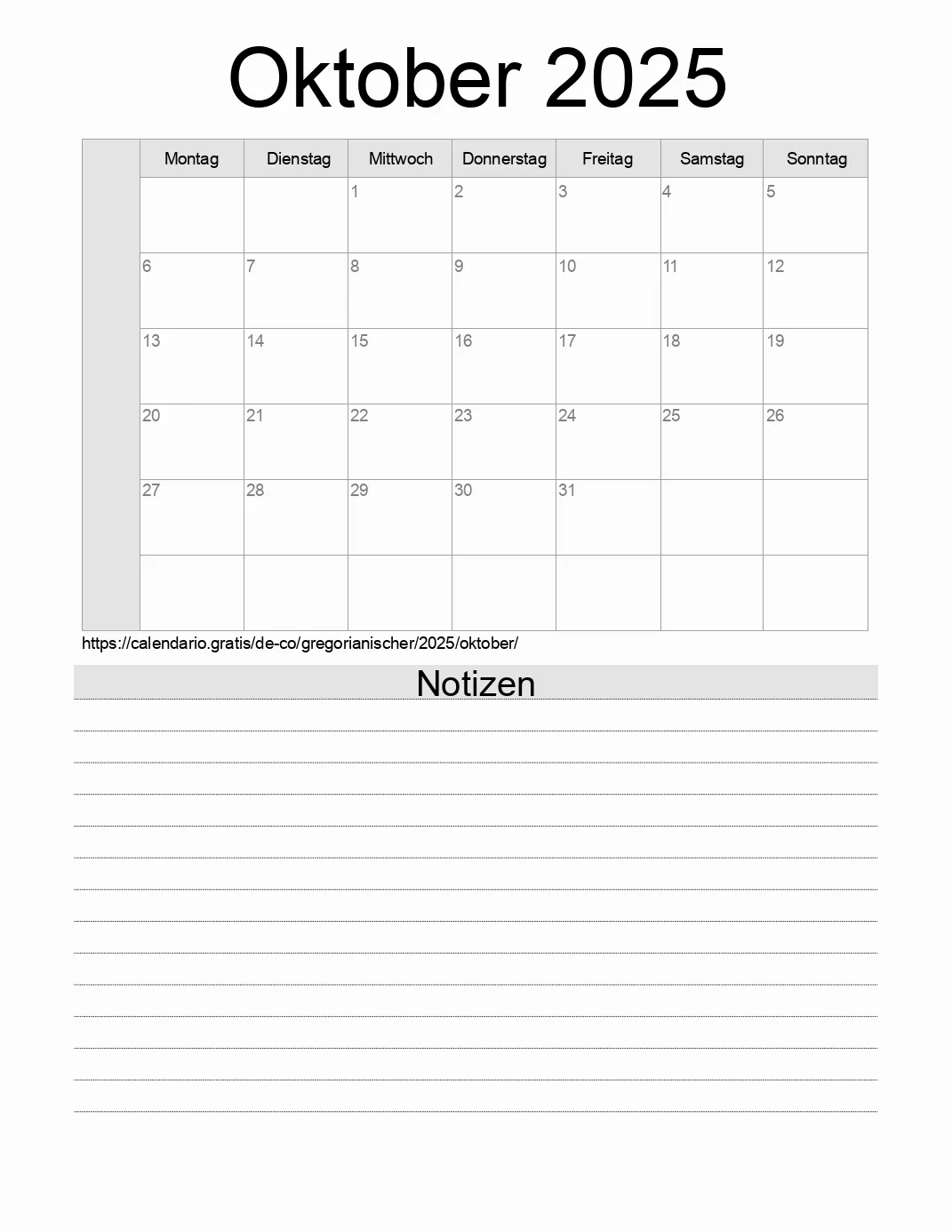 Kalender Oktober 2025 Zum Ausdrucken