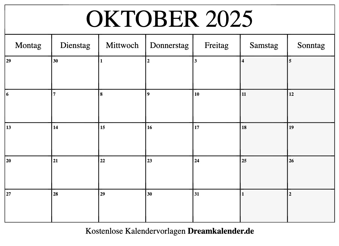 Kalender Oktober 2025