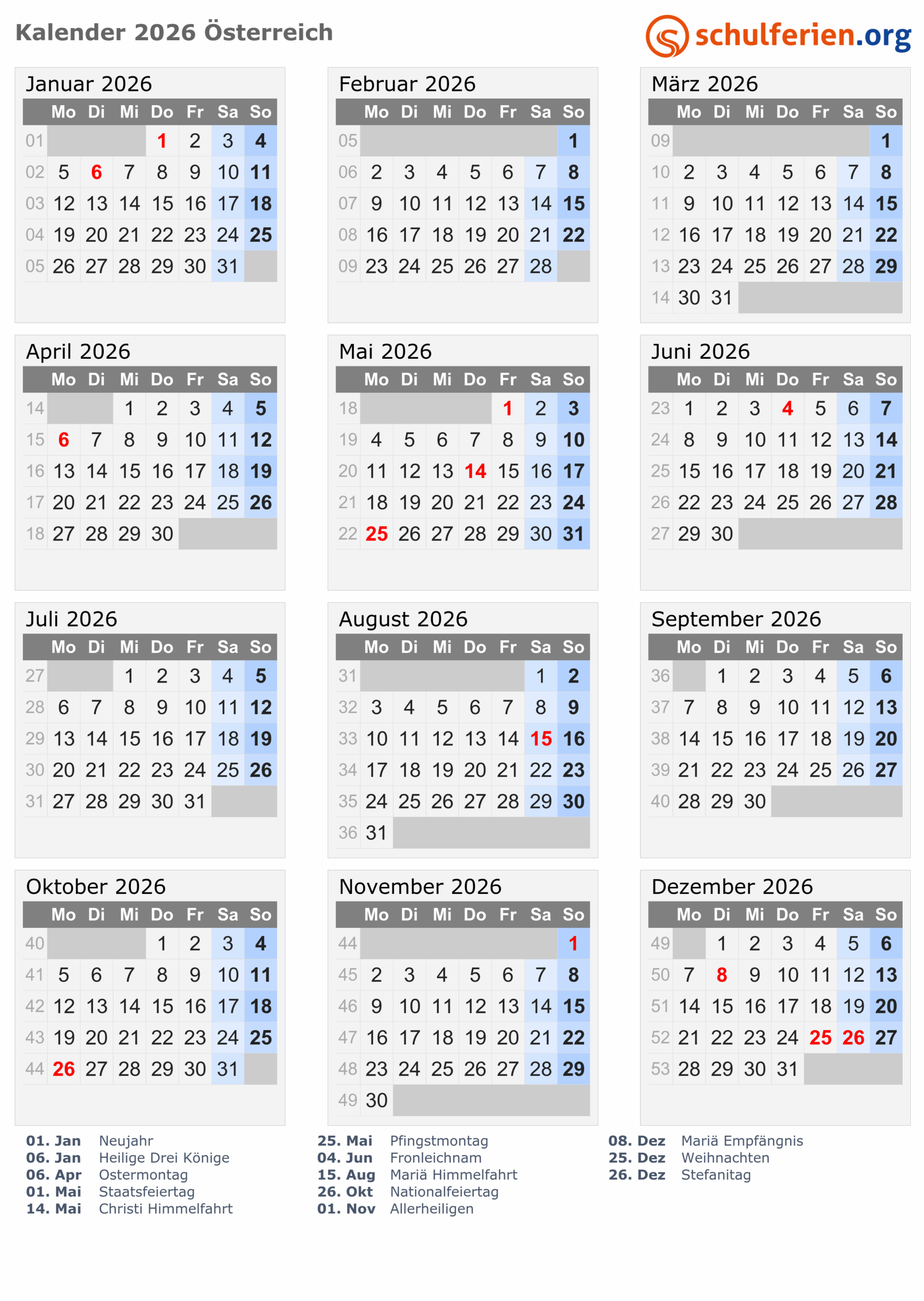 Kalender sterreich 2026 Mit Feiertage