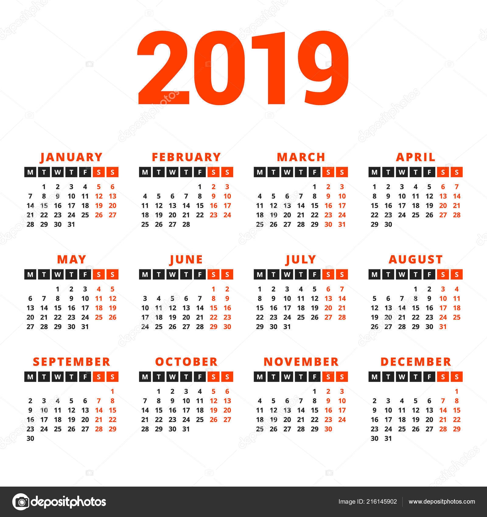 Kalender Untuk Tahun 2019 Pada Latar Belakang Putih Minggu Dimulai Vektor Stok Oleh AntartStock 216145902