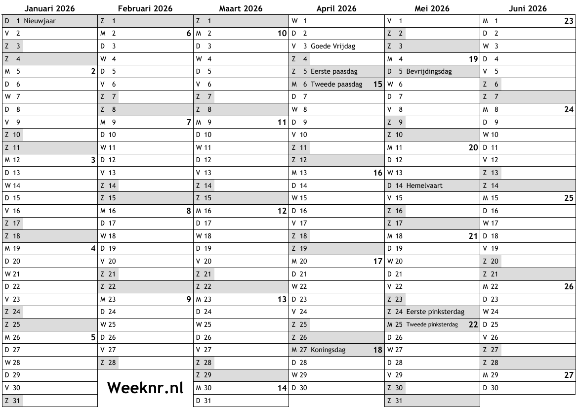Kalender 2026 Nederlands