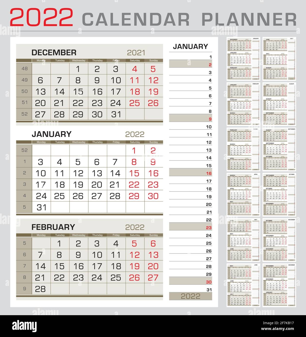 Kalenderplaner Vorlage 2022 Die Woche Beginnt Ab Montag 3 Monats Kalender Auf Seite Mit Dem Rechten Streifen Kalender Des Aktuellen Monats Bereit Zum Drucken Stock Vektorgrafik Alamy